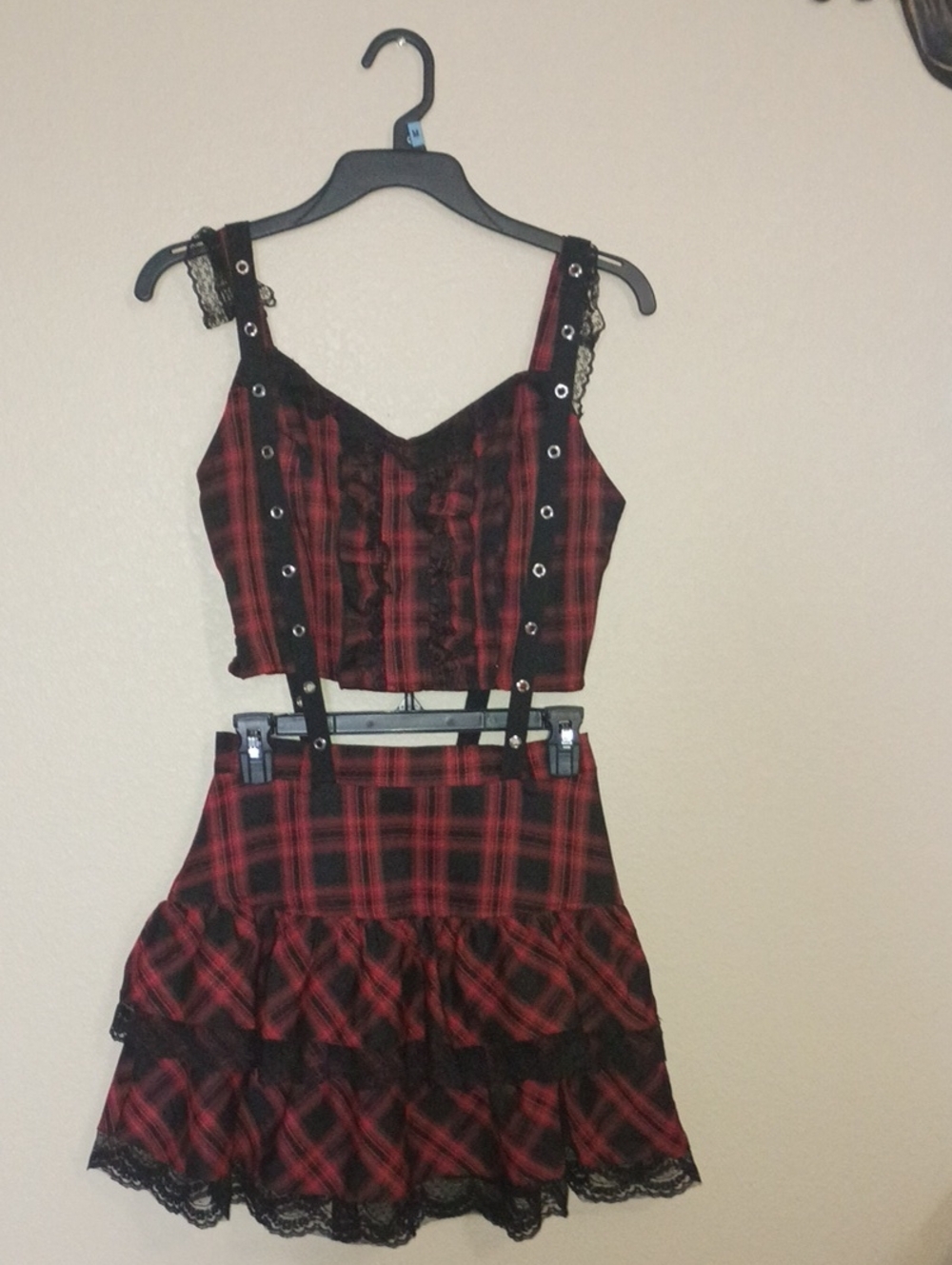 Red & Black Plaid Lace Trim Two-Piece Set Shirt And Skirt